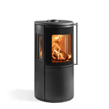 Modern wood burning stove with a sleek design and large glass windows showcasing the flames.