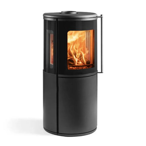Modern wood burning stove with a sleek design and visible flames.