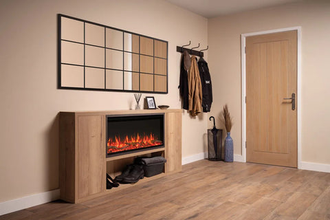 Atmos electric fire in a modern living space with wooden furniture and a mirror.