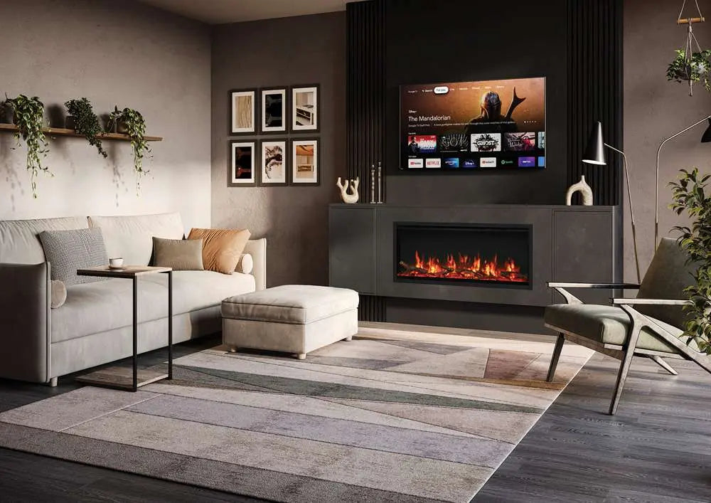 Modern electric fire integrated into a stylish living room with a sofa, coffee table, and TV.