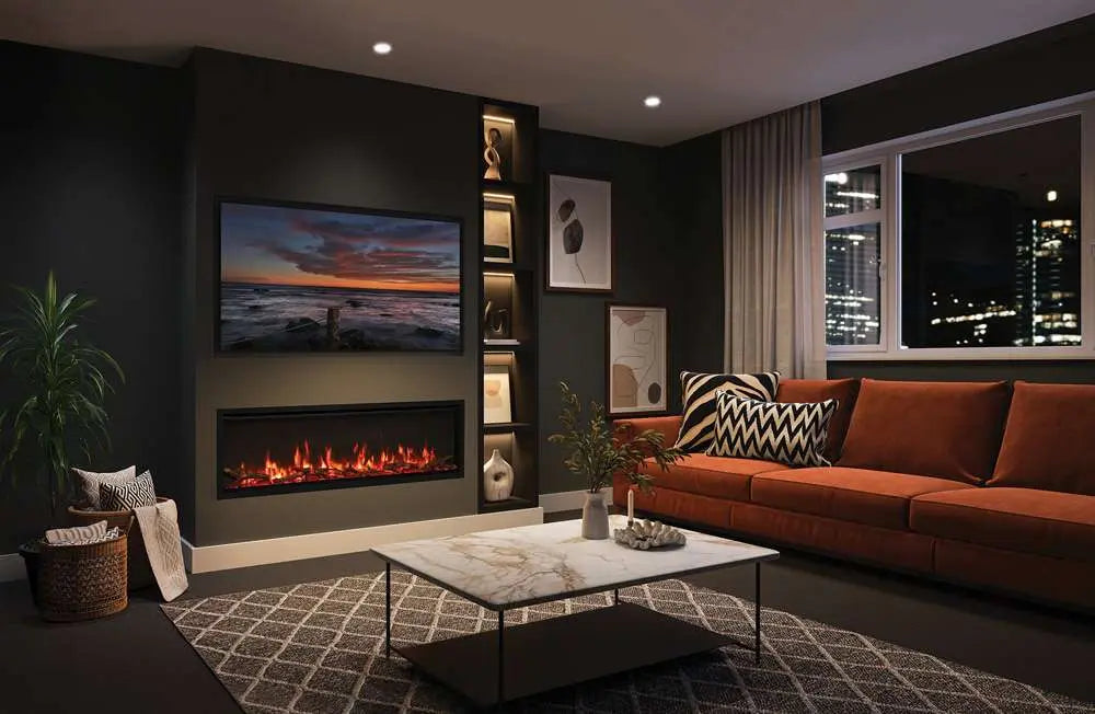 Modern living room featuring an Atmos electric fire beneath a wall-mounted TV, with stylish furniture and decor.