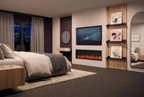 Atmos electric fire in a modern bedroom setting with a stylish design and ambient lighting.