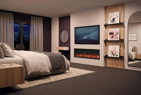 Atmos electric fire in a modern bedroom setting with a stylish design and ambient lighting.