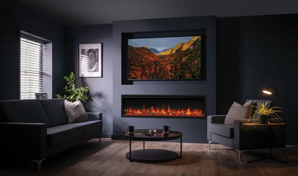 Modern living room featuring an Atmos electric fire with a realistic flame effect, complemented by stylish furniture and
