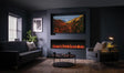 Modern living room featuring an Atmos electric fire with a realistic flame effect, complemented by stylish furniture and
