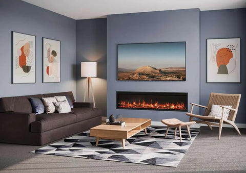 Modern living room featuring an Atmos electric fire beneath a large wall-mounted TV, complemented by stylish furniture and