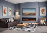 Modern living room featuring an Atmos electric fire beneath a large wall-mounted TV, complemented by stylish furniture and