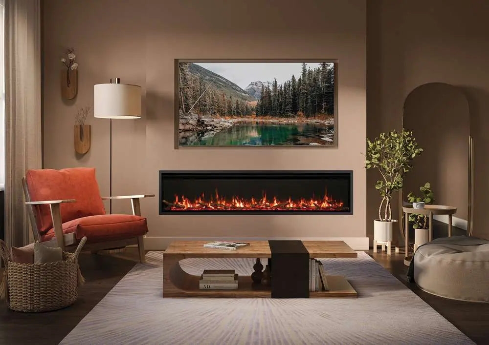 Modern electric fire installed in a stylish living room with a scenic artwork above, featuring a warm glow and contemporary