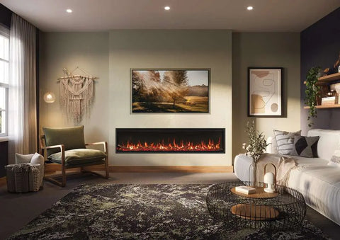 Modern electric fire installed in a stylish living room, featuring a realistic flame effect and a contemporary design.