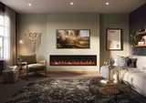 Modern electric fire installed in a stylish living room, featuring a realistic flame effect and a contemporary design.