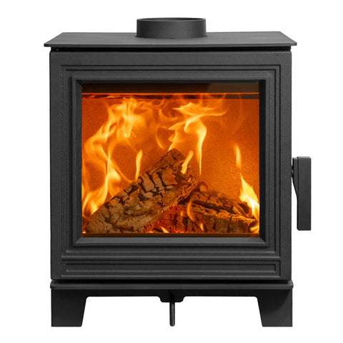 Eton wood burning stove with a large glass front displaying a vibrant fire and logs inside.