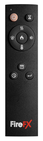 Remote control for Amara electric fires with various function buttons.