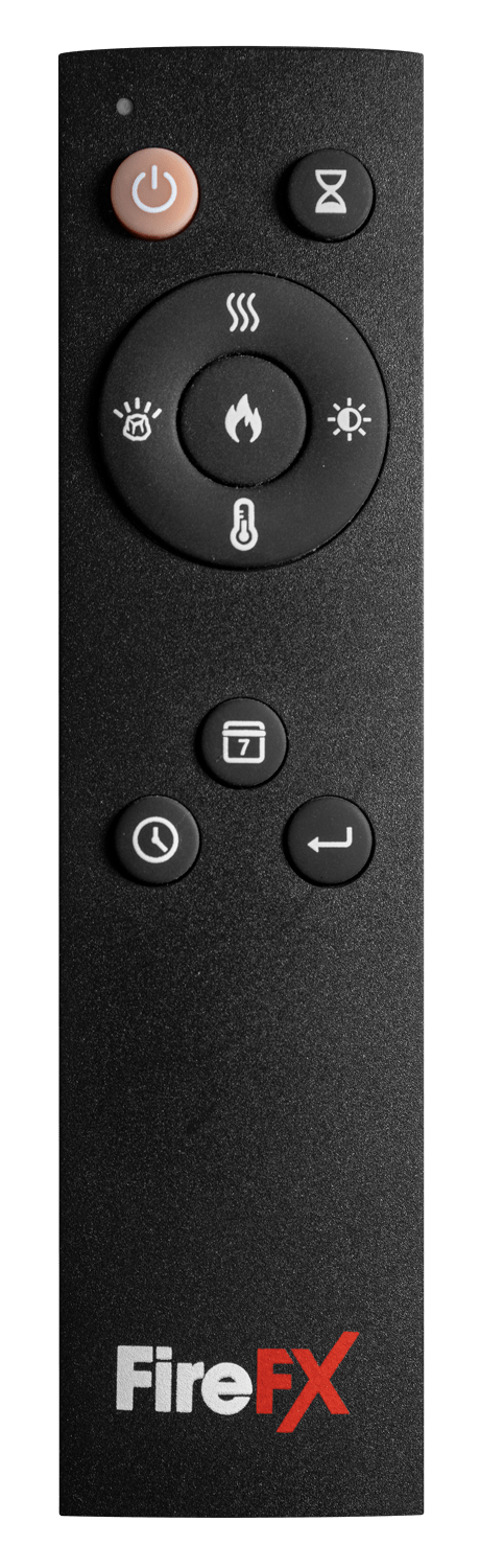 Remote control for Anya electric fires with various function buttons.