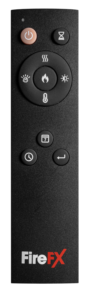 Remote control for Atmos electric fires with various function buttons.