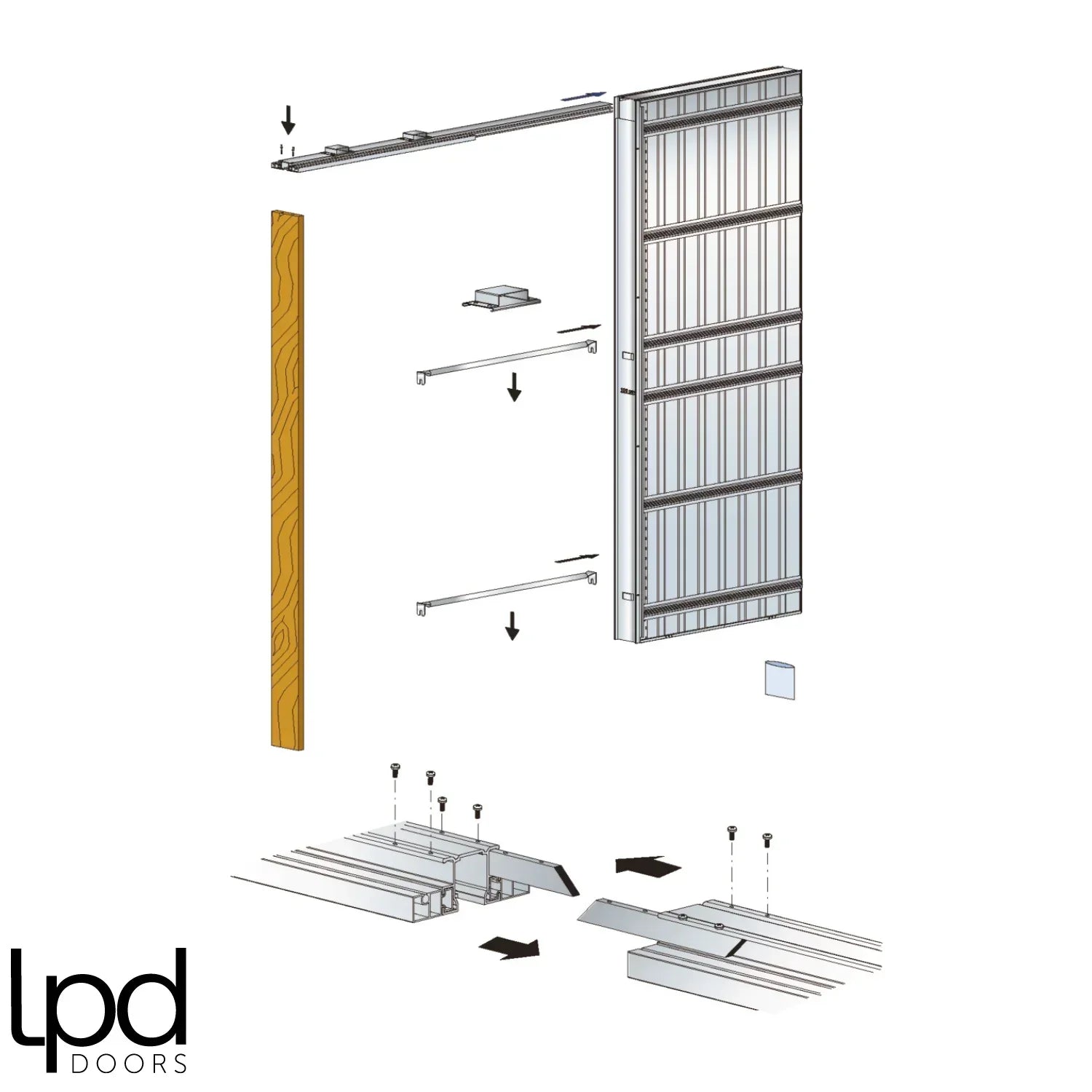 Flusso pocket door set single frame assembly components with sliding door track and guide rails