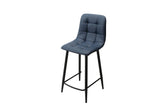 blue PU bar stool with quilted seat and black metal legs, front angle view