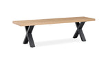 Oak bench with black metal X-legs, contemporary dining bench in light wood finish