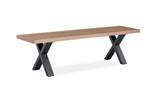Walnut bench with rectangular wooden seat and black metal X-frame legs on white background