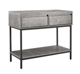 Grey marble console table with two drawers, black metal frame, and lower shelf