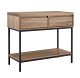 Walnut console table with two drawers, black metal frame and lower storage shelf