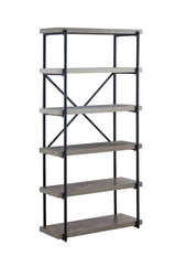 Tall bookcase with grey marble shelves and black metal frame, angled side view