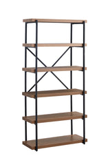 Tall walnut bookcase with five shelves and black metal frame support