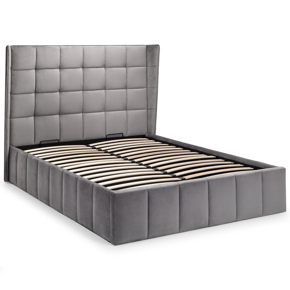 Grey ottoman bed frame with padded headboard and slatted base, king size