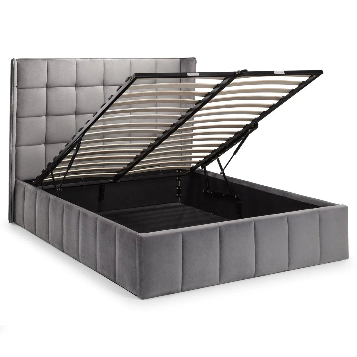 Grey ottoman bed frame with lifted storage base and upholstered panel headboard