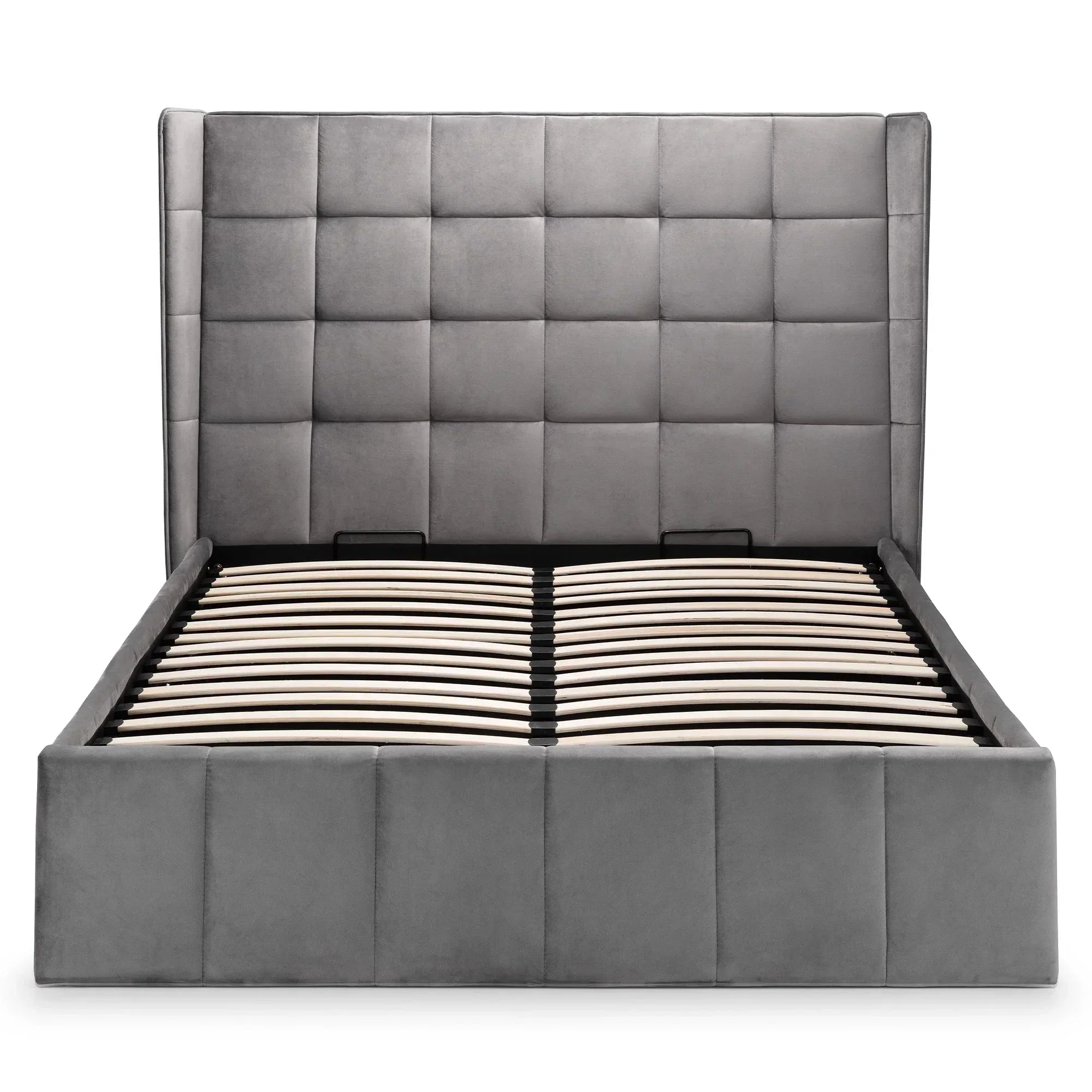 Grey upholstered ottoman bed frame with tall panelled headboard and wooden slats