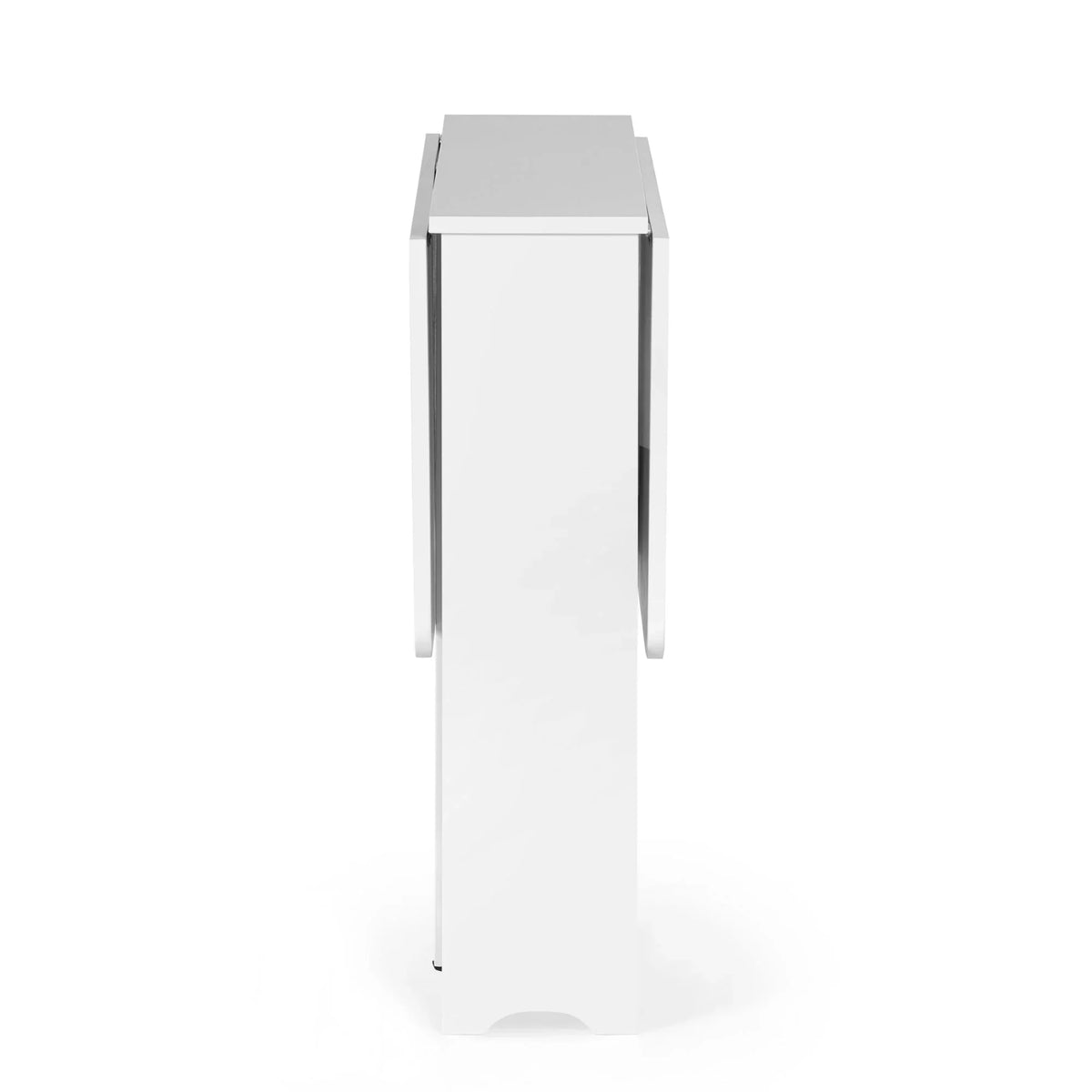 White gateleg dining table set folded viewed from the side, compact space saving design