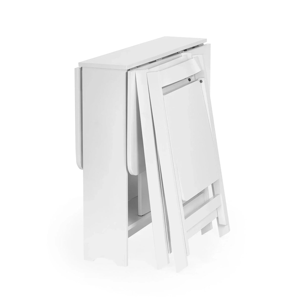 White gateleg dining table with two foldable chairs in compact storage position