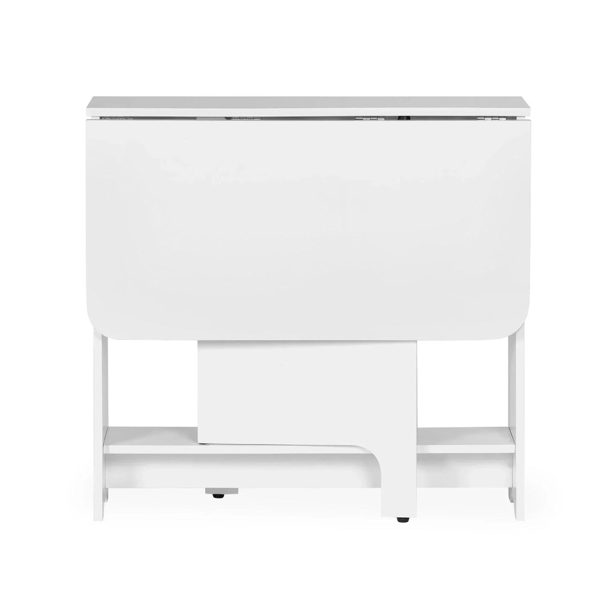 White gateleg dining table with foldable sides shown closed on white background