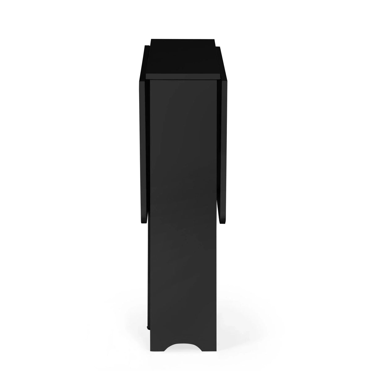 Black small gateleg table with drop leaves folded, side view with chairs nested inside