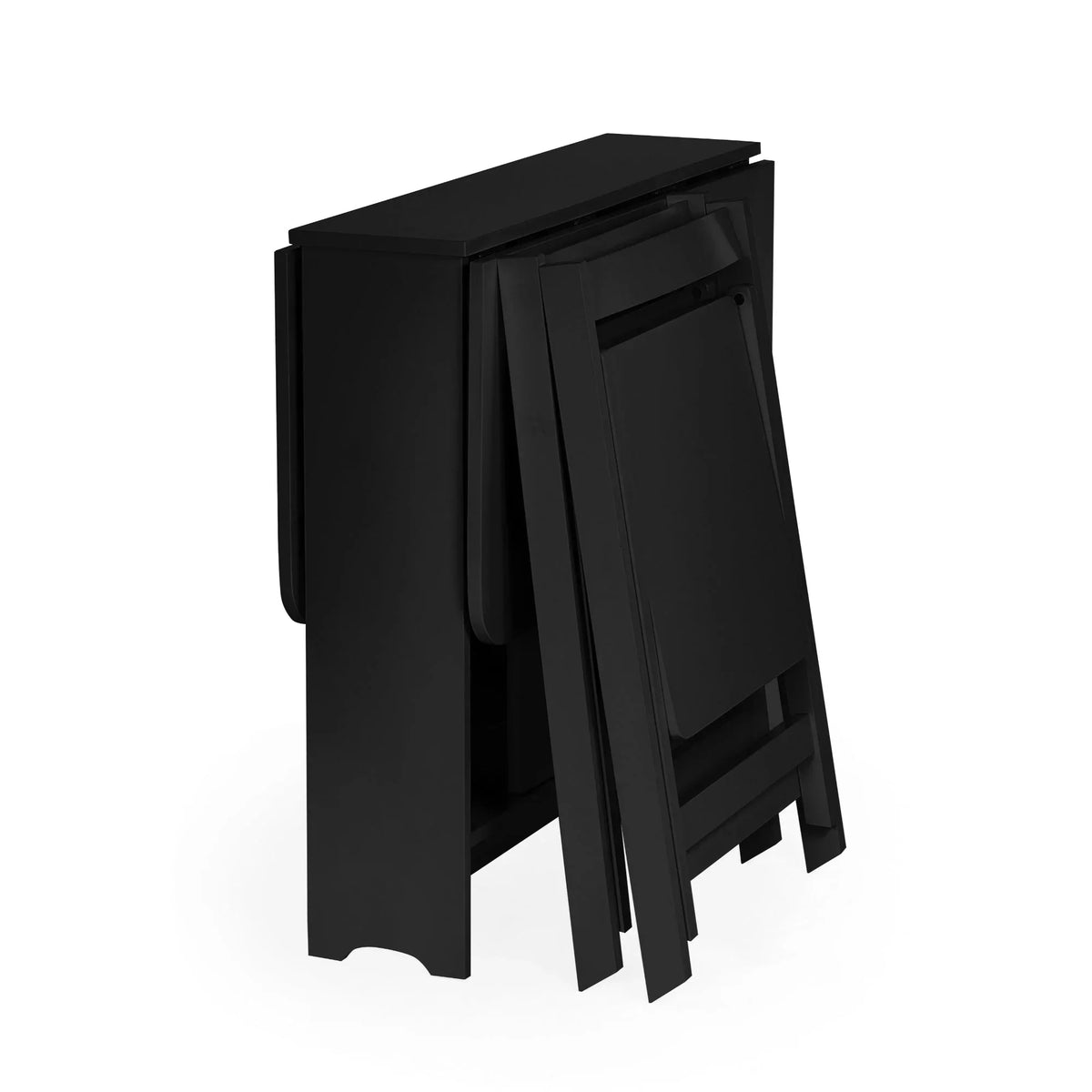 Black gateleg table with two folding chairs stored inside, compact dining furniture