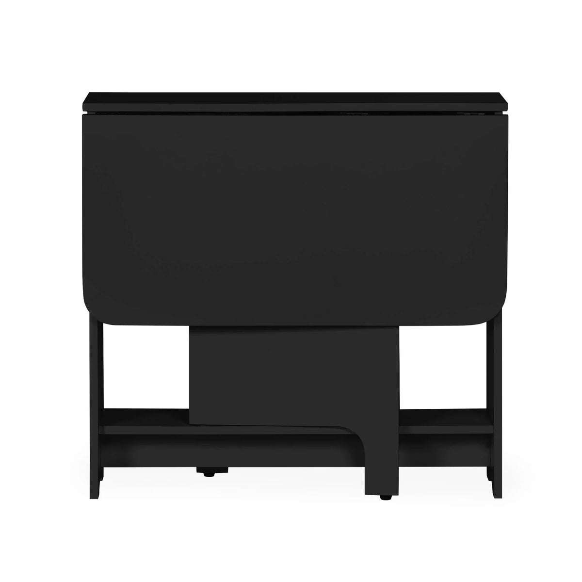 Small black gateleg dining table with two chairs stored underneath, front view