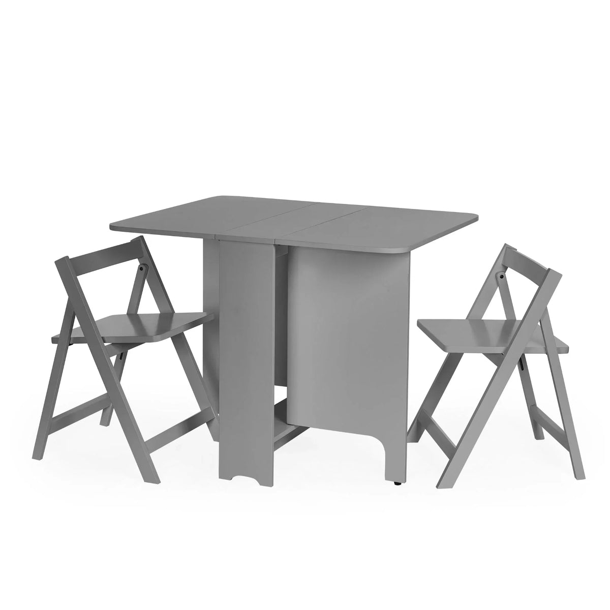 Light grey gateleg dining table with two matching folding chairs on white background