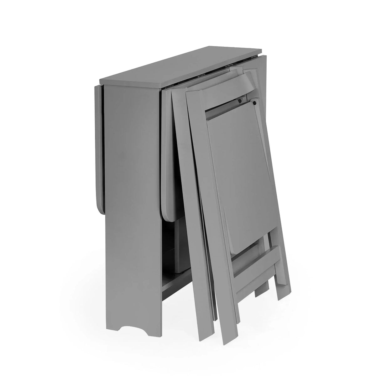 Compact light grey gateleg table with two foldable chairs stowed underneath