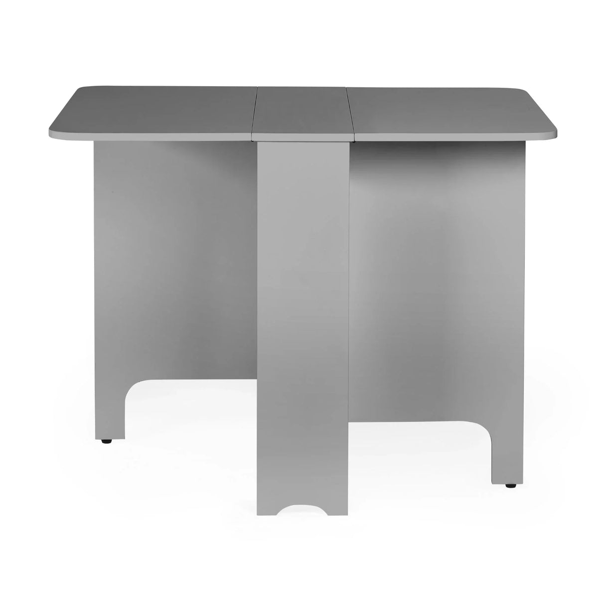 Light grey gateleg dining table with straight edges and foldable sides, front view