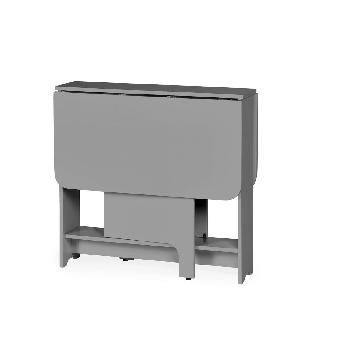Light grey gateleg dining table in compact folded position with shelf underneath