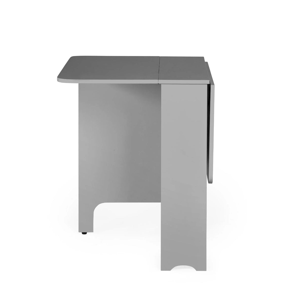 Side view of light grey gateleg table with drop-leaf design and modern finish
