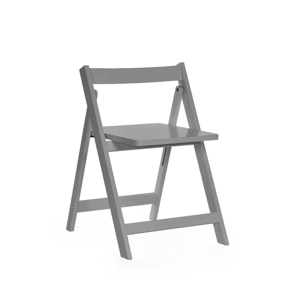 Light grey folding dining chair with wooden frame and square seat on white background
