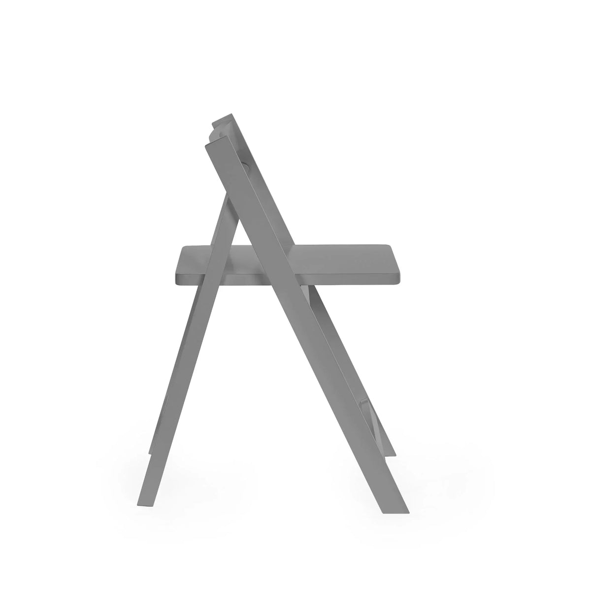 Side view of light grey folding dining chair with clean lines on white background