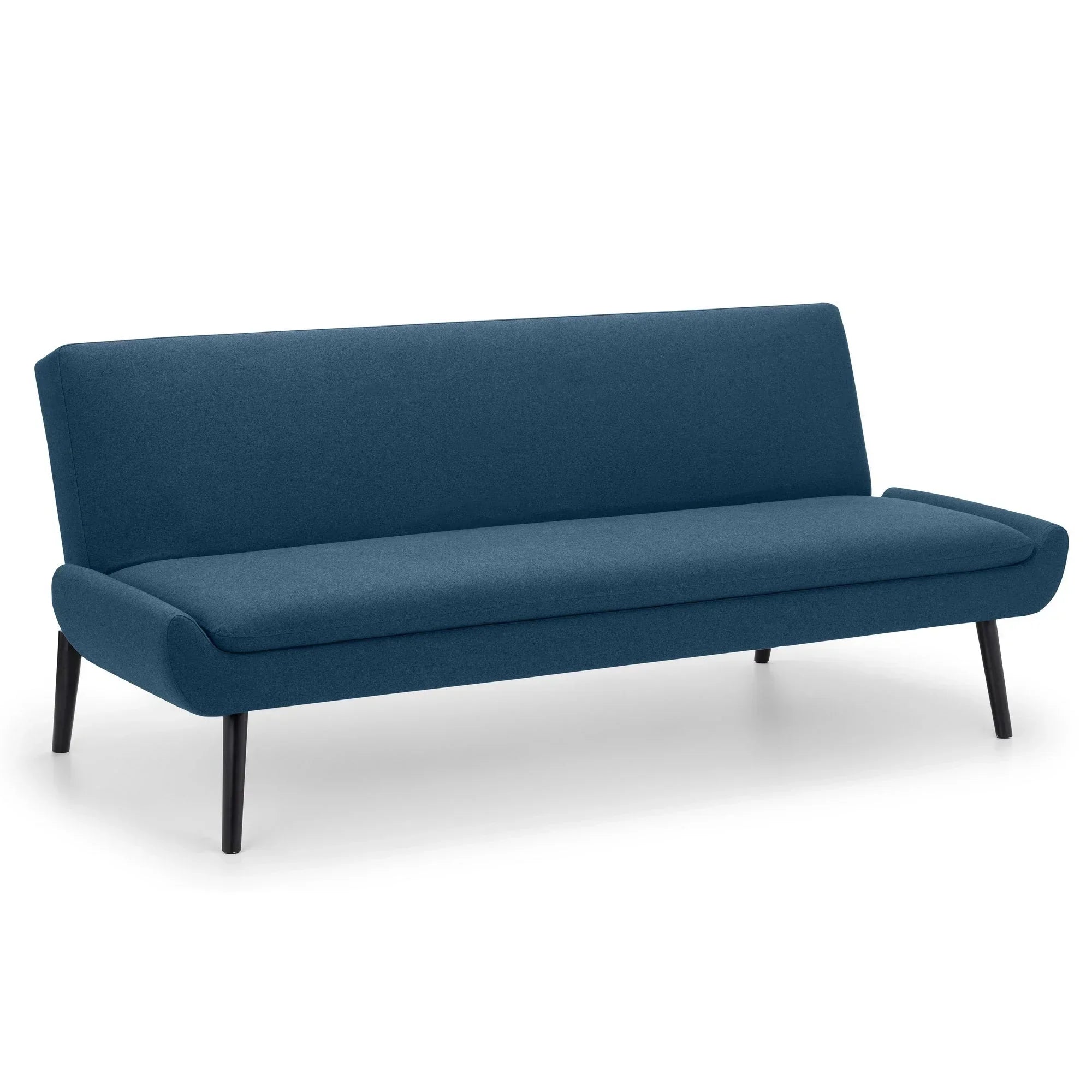 Blue fabric sofa with angled black legs and minimalist design on white background