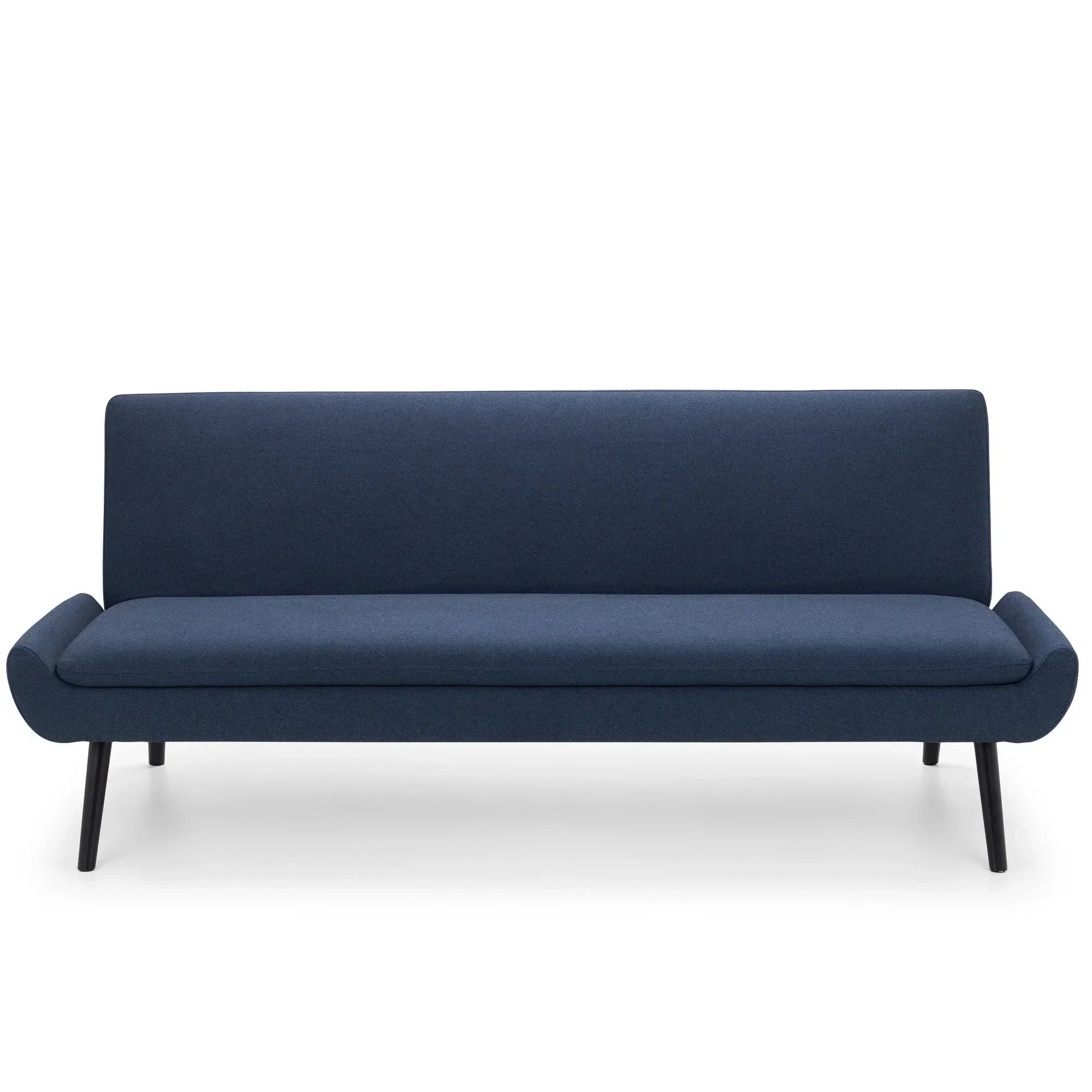 Modern navy blue fabric sofa with slim black legs, front view