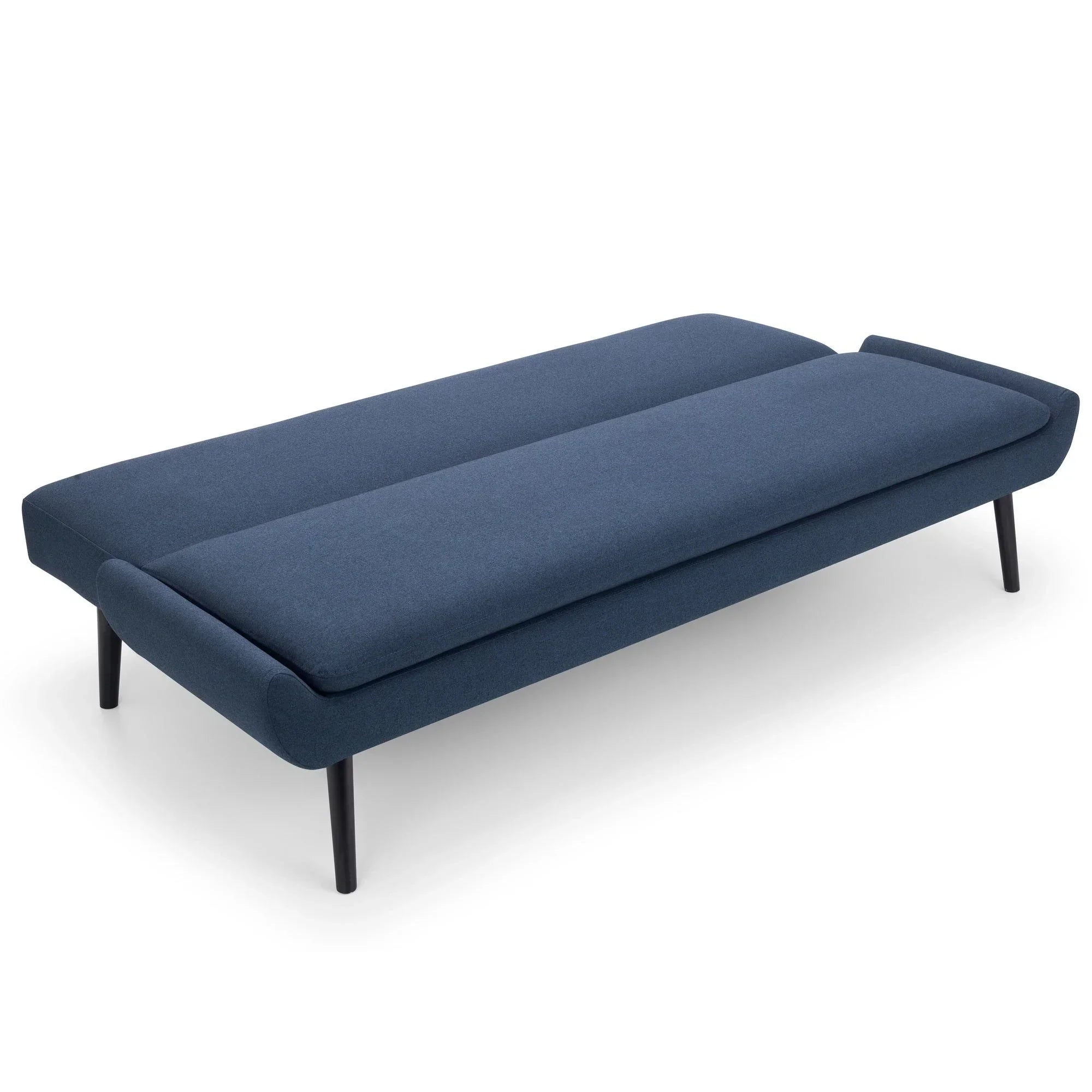 Navy blue upholstered sofa bed with black tapered legs, shown from side angle