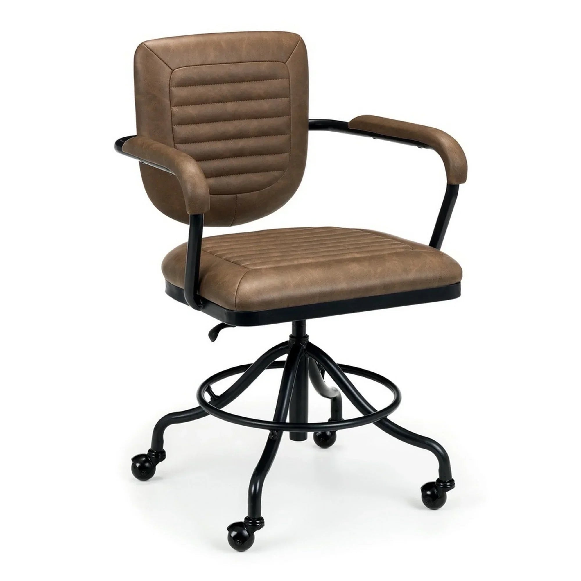 Brown swivel chair with padded seat, metal arms, and wheeled black base
