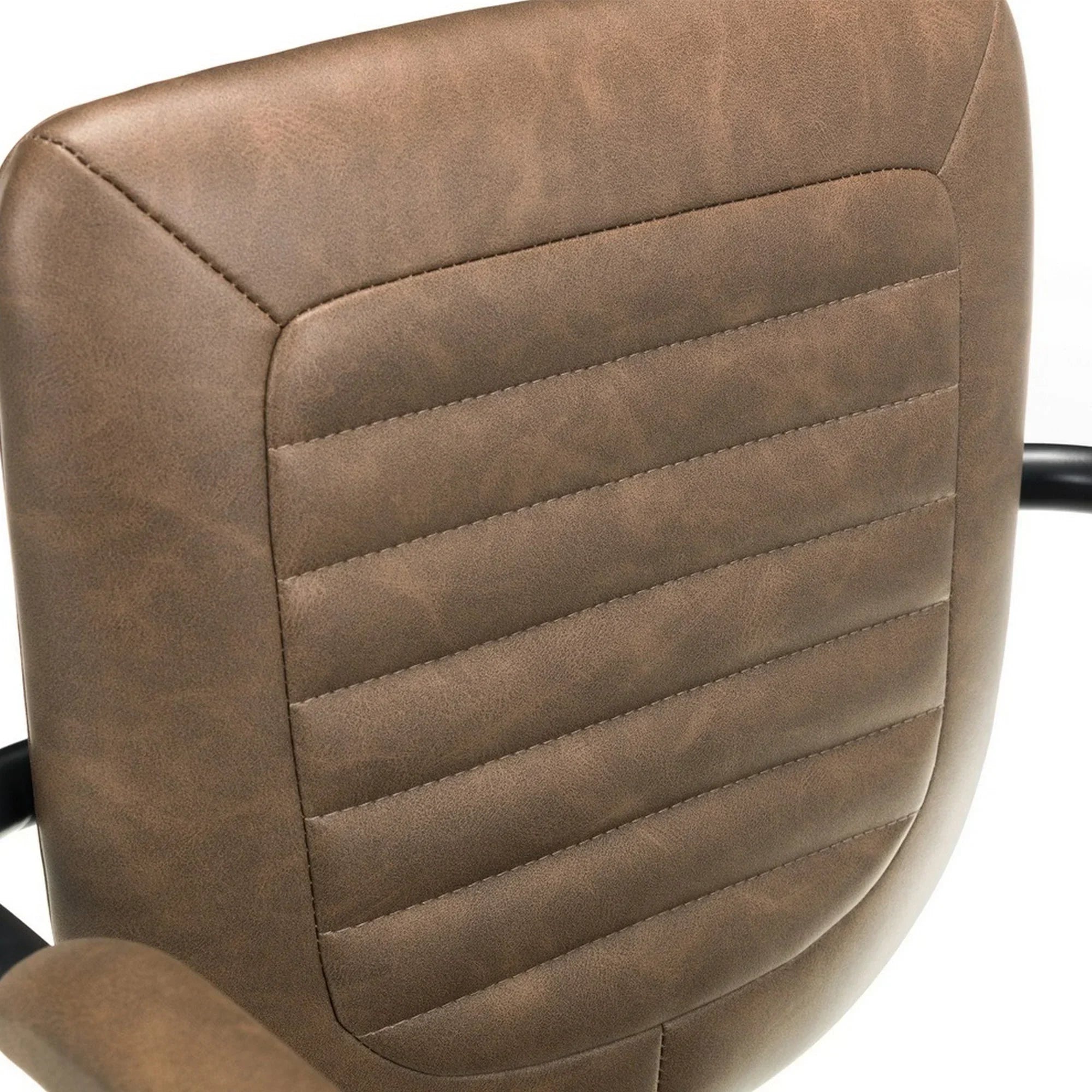 Brown faux leather swivel chair with stitched padded backrest, close-up detail view