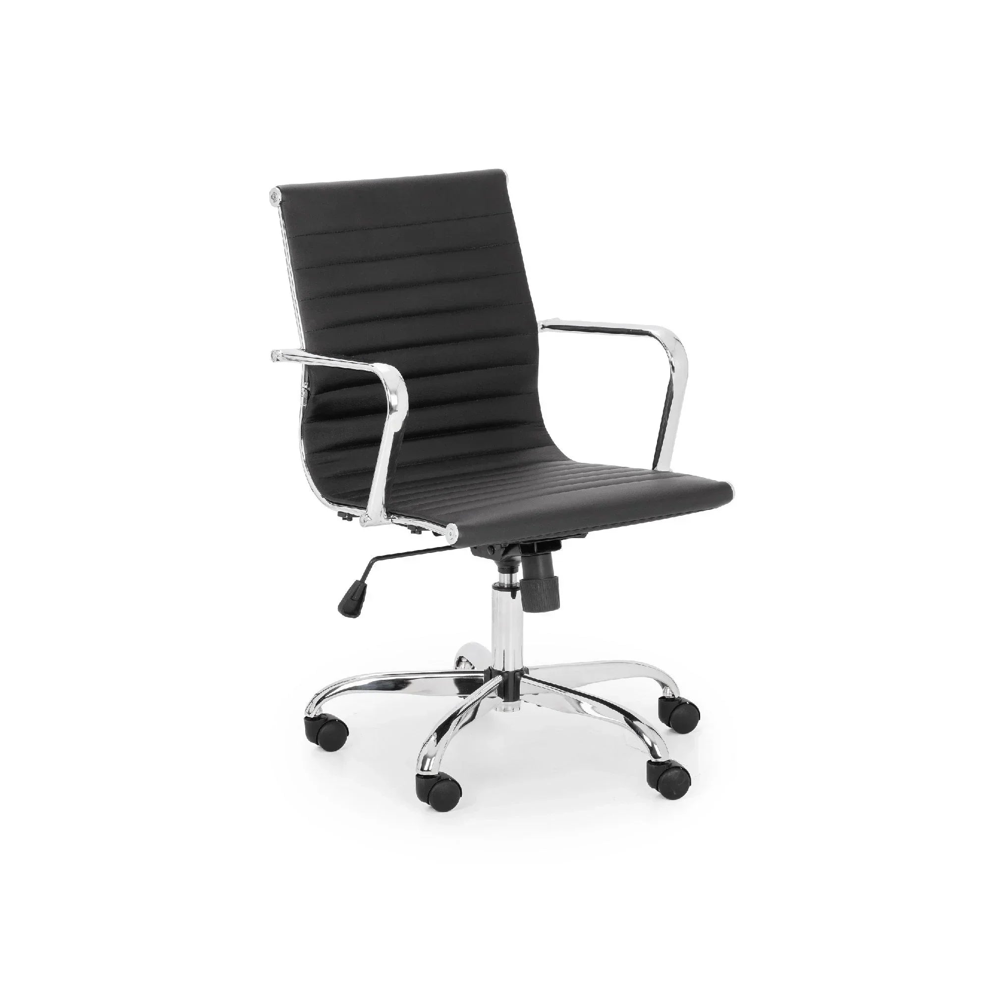 Black office chair with ribbed seat, chrome arms, adjustable height and wheeled base
