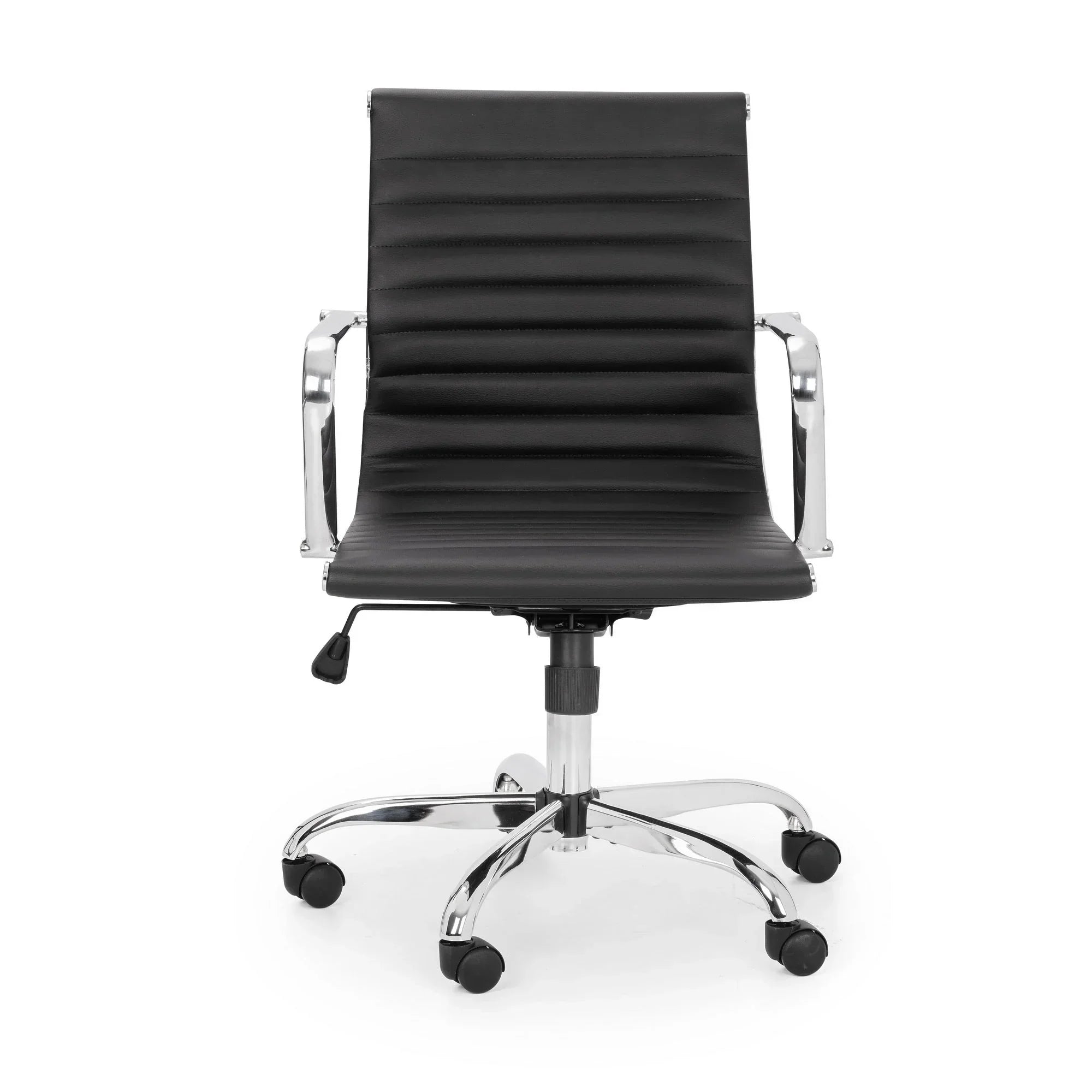 Black office chair with chrome arms and five caster wheels on white background