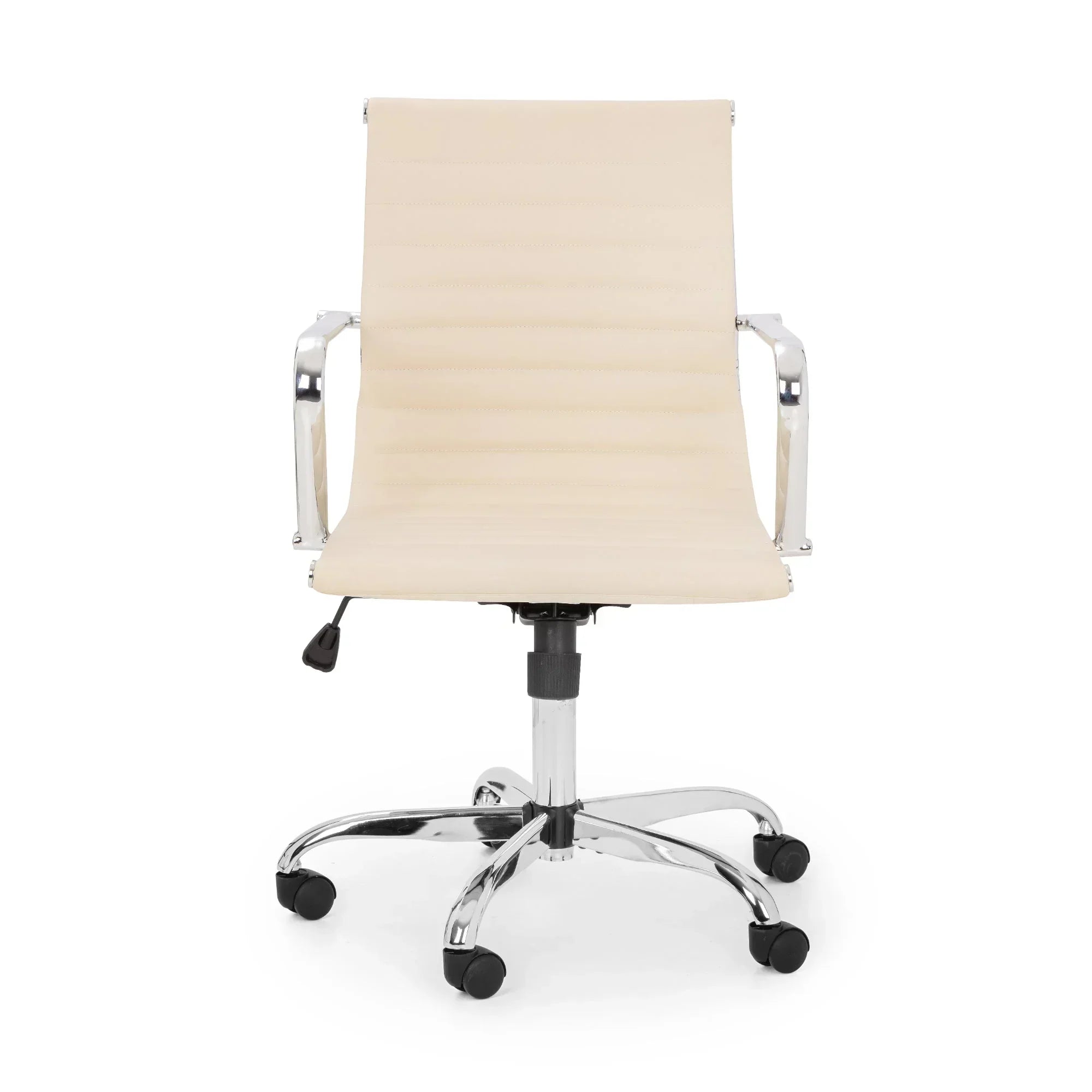Ivory office chair with chrome arms and adjustable base, front view on white background